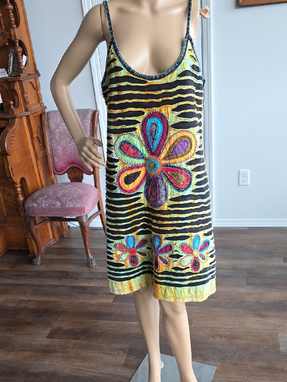 Striped Floral Appliqué Mini Dress in Yellow & Black